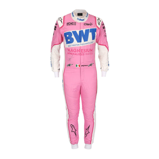 Sergio Perez 2020 F1 racing suit – vibrant pink and green design 