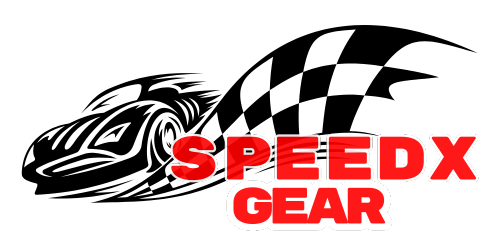 Speedx Gear logo with a black car silhouette and checkered flag on a white background