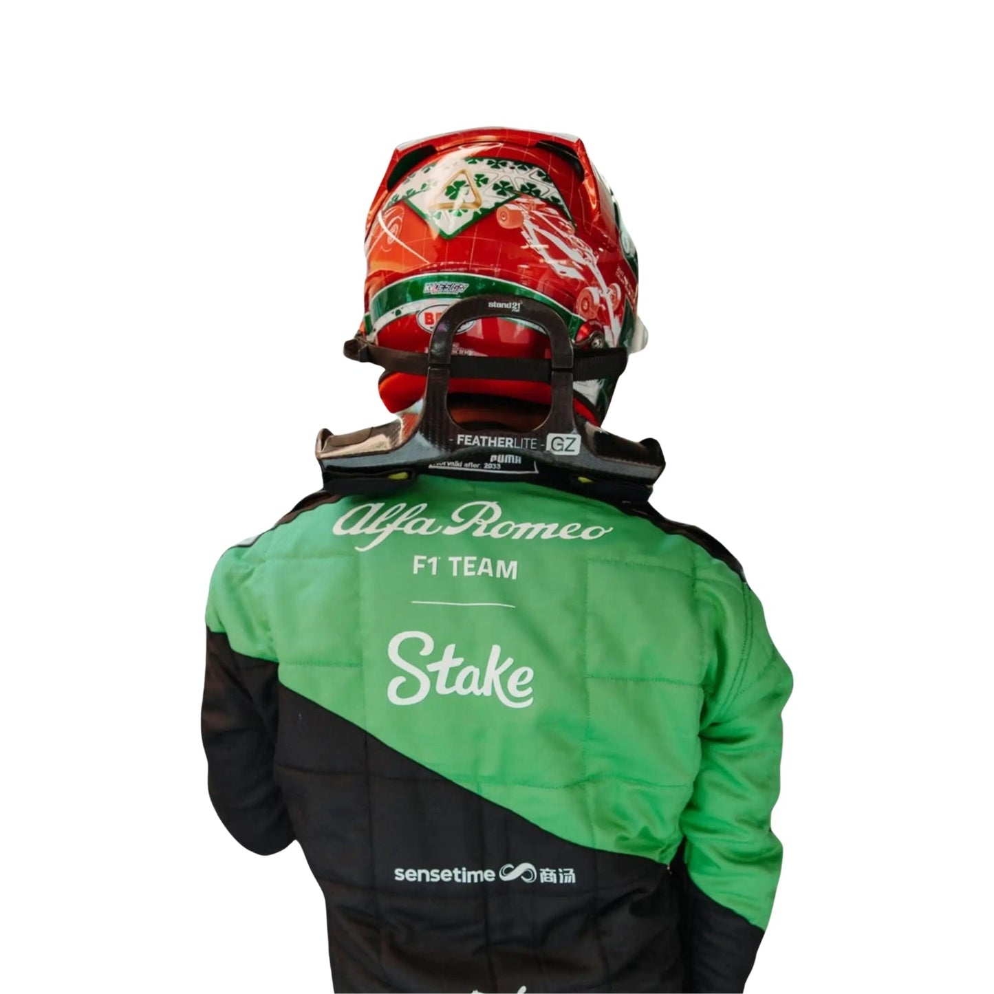 Rear view of Bottas’ Italian Grand Prix race suit in 2023, showing the continuation of the black and green theme with detailed sponsor placements and custom tailoring.