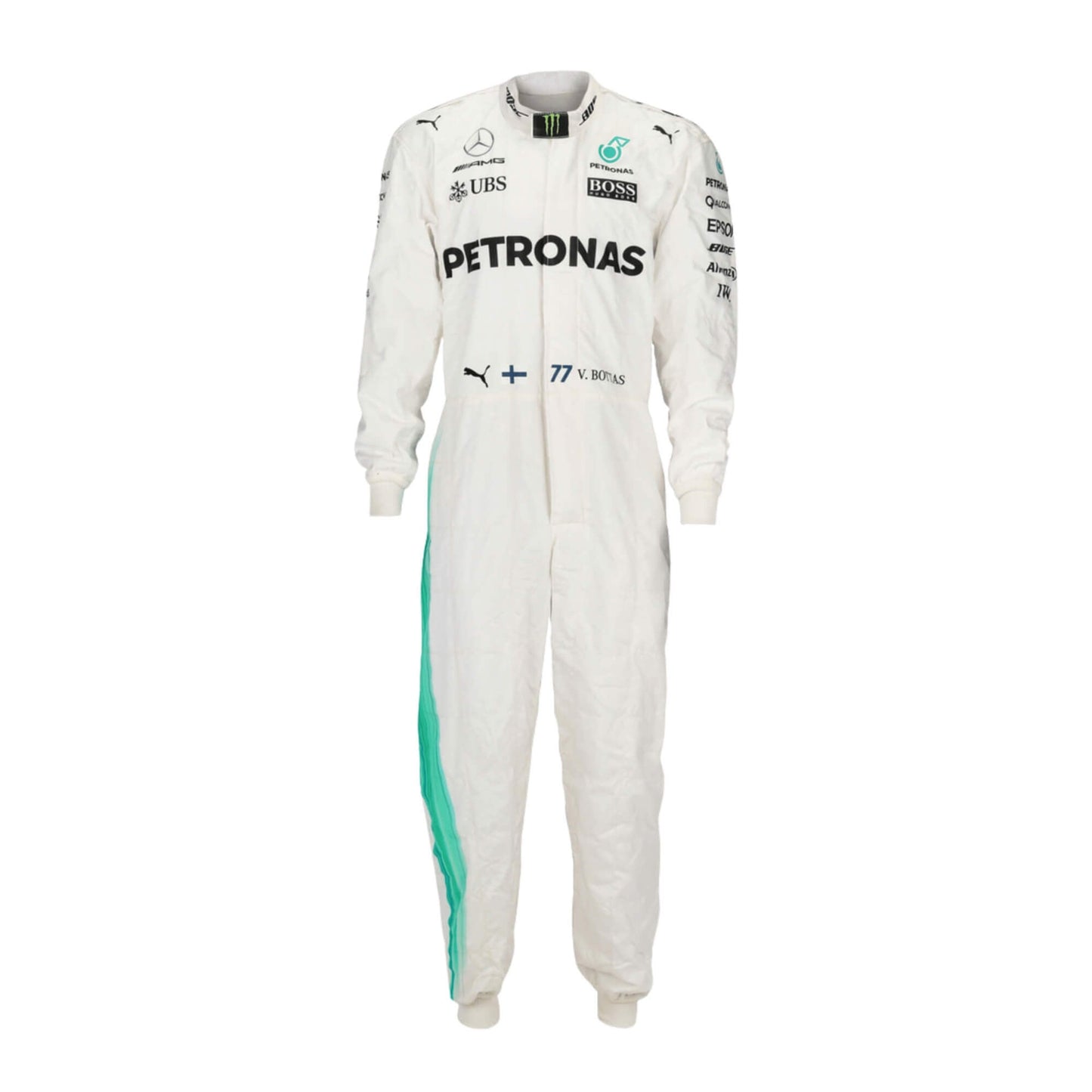 Valtteri Bottas’ 2017 F1 racing suit, front view with detailed embroidery, sponsor logos, and streamlined design
