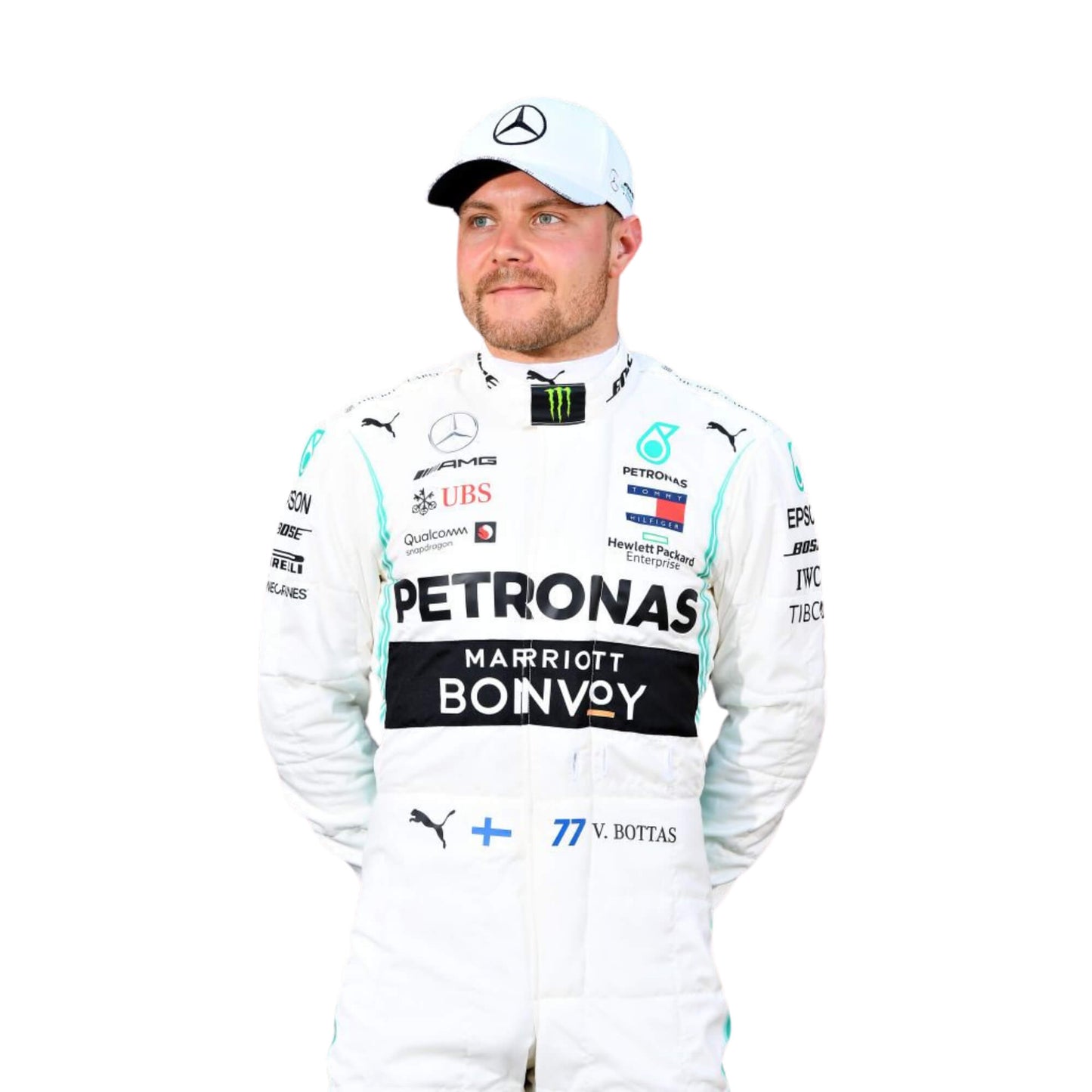 Front Close up view Valtteri Bottas 2019 F1 suit – front view, modern design with clean lines, popular among racing.