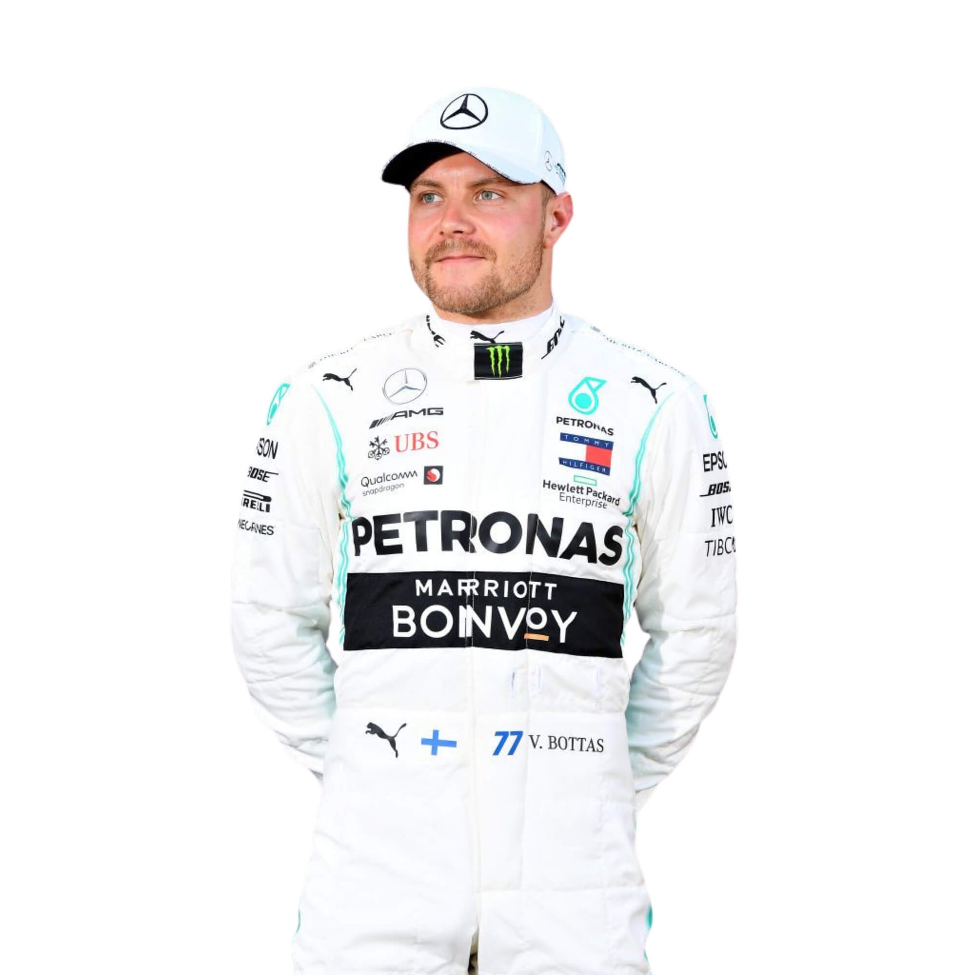 Front Close up view Valtteri Bottas 2019 F1 suit – front view, modern design with clean lines, popular among racing.