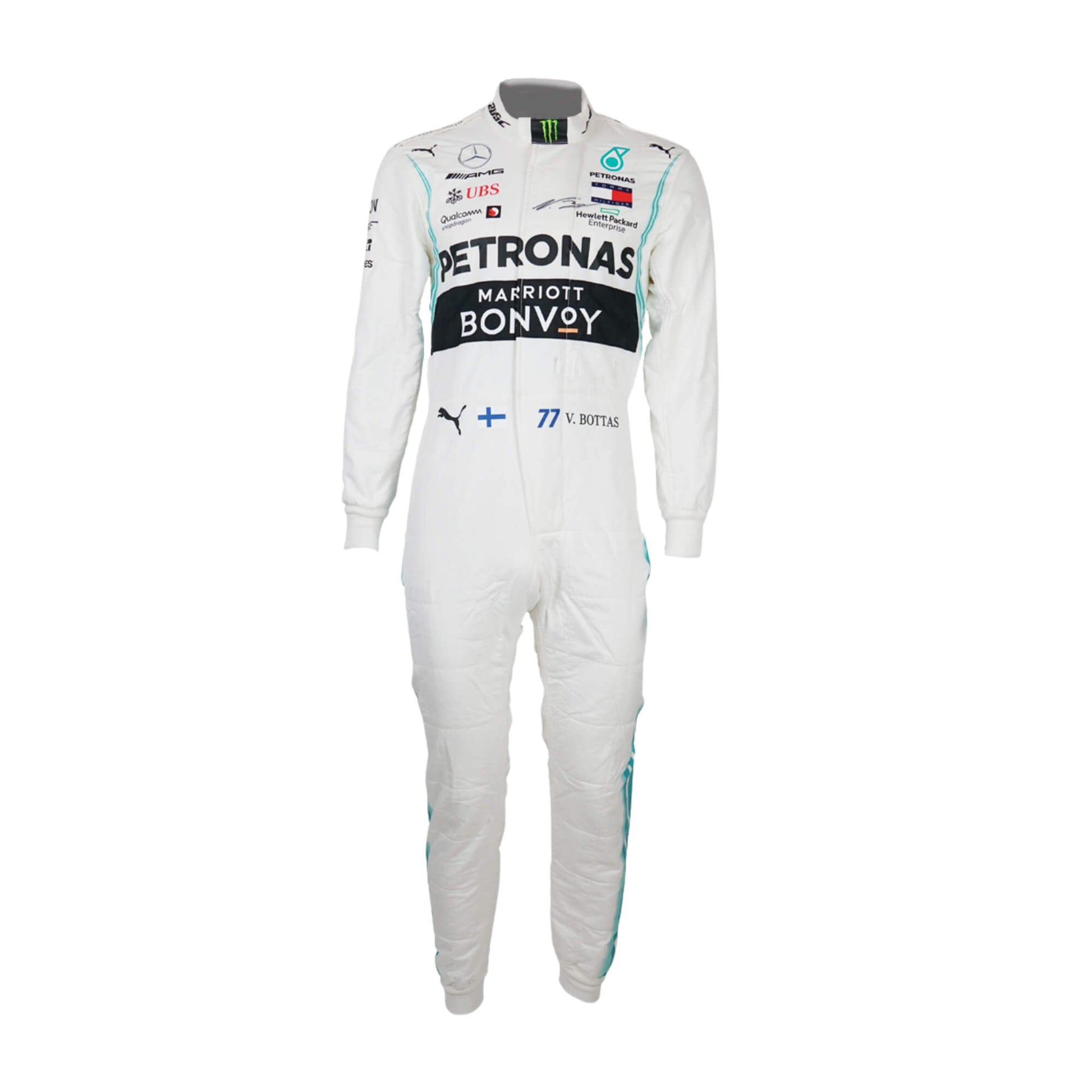 Front view of Valtteri Bottas 2020 F1 racing suit – iconic black and silver design worn during a dominant season