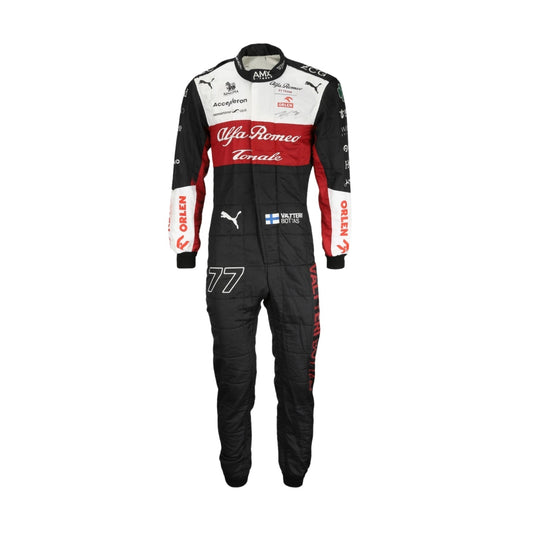 2022 Valtteri Bottas F1 Racing Suit Front View, Sleek Design, Full Zipper, Sponsor Logos