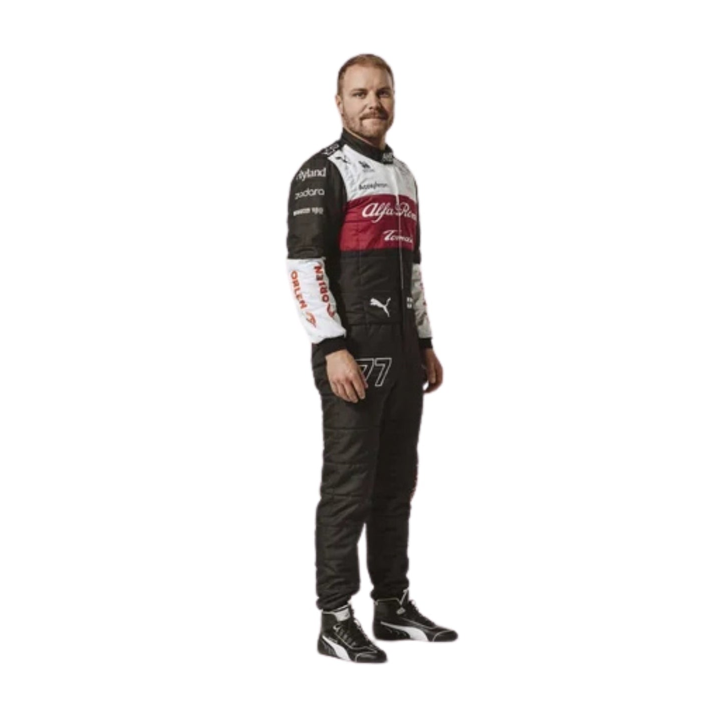 2022 Valtteri Bottas F1 Racing Suit Front View, Sleek Design, Full Zipper, Sponsor Logos