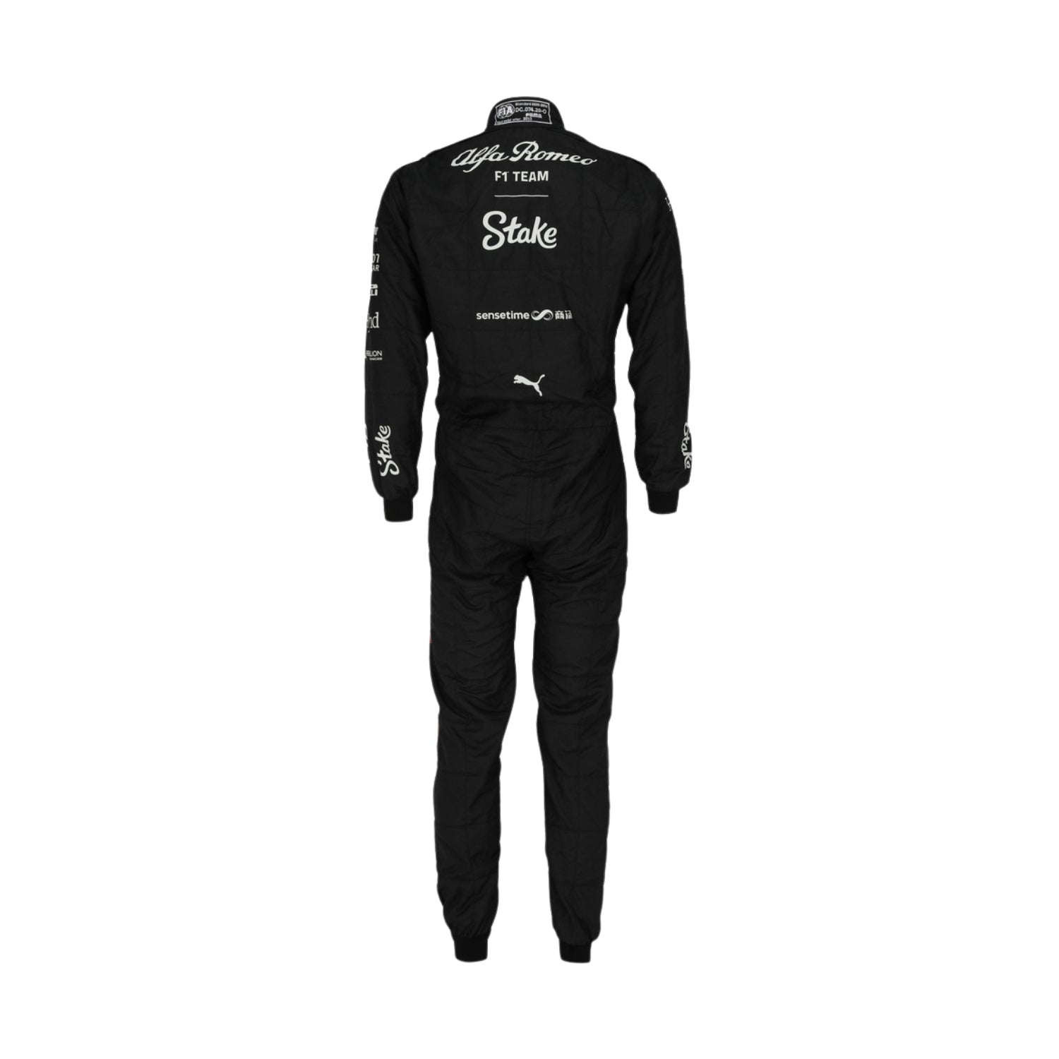 Rear view of Bottas' 2023 Japanese Grand Prix racing suit displaying the continuation of the black, red, and white color scheme with prominently placed sponsor logos and aerodynamic paneling.