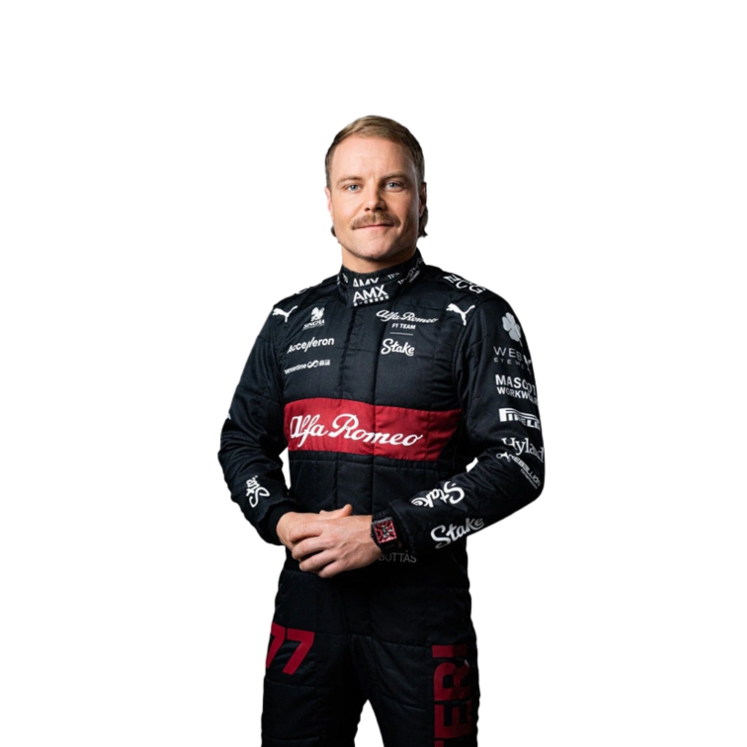 Close-up of Bottas' 2023 Japanese Grand Prix F1 racing suit fabric texture and stitched sponsor logos, detailing the high-quality materials and the integration of the black, red, and white color palette.