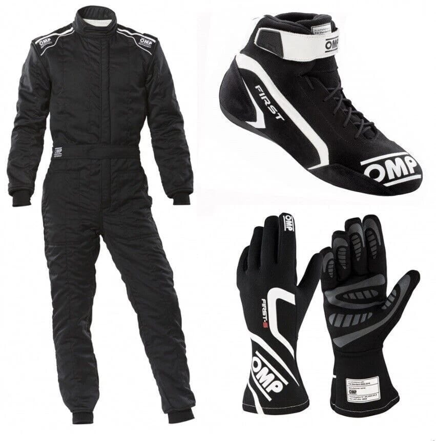 Black OMP Kart Racing Suit, Racing Gloves & Racing Shoes