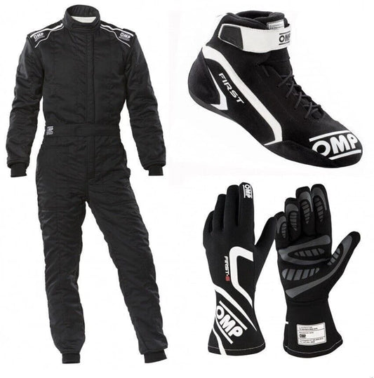 Black OMP Kart Racing Suit, Racing Gloves & Racing Shoes