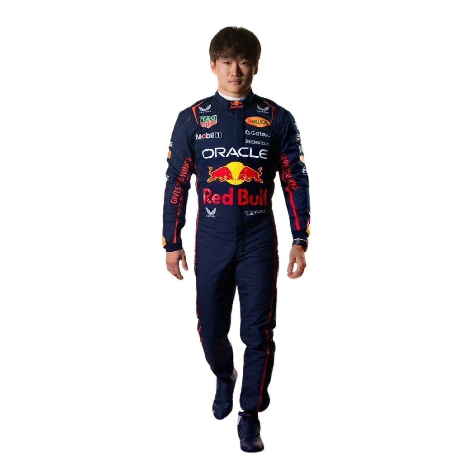 Yuki Tsunoda's 2025 Abu Dhabi Grand Prix race suit front view, featuring a predominantly bllue design with red side panels and green accents around the shoulders and collar.