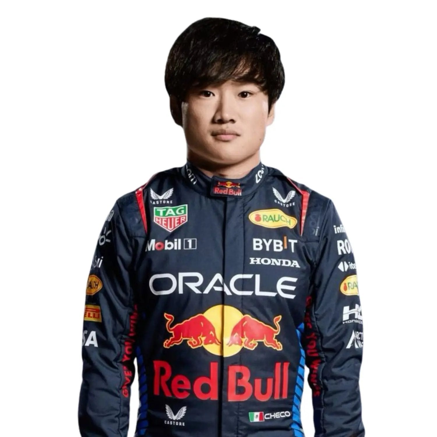 Yuki Tsunoda in action during the 2025 Abu Dhabi Grand Prix at Yas Marina Circuit, wearing his special edition blue race suit with red accents.