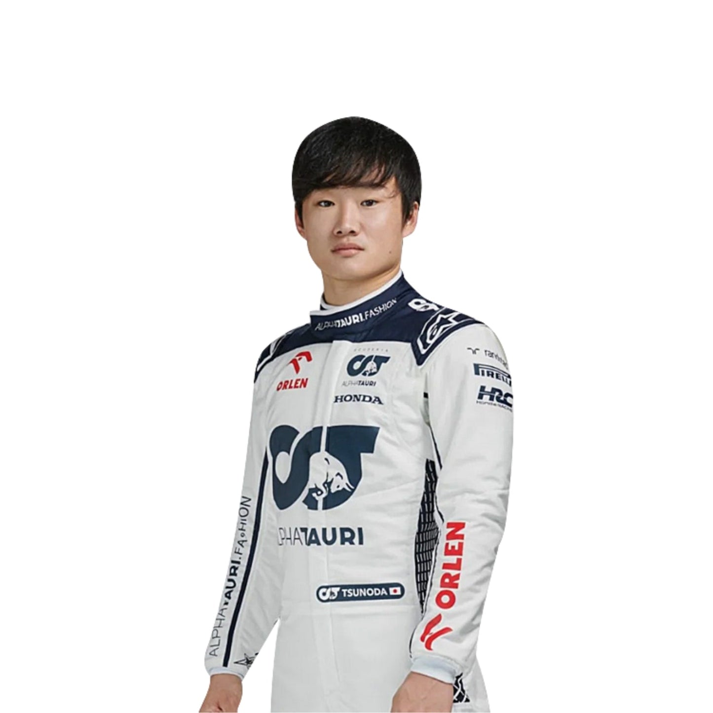 Close-up of Tsunoda’s 2023 F1 racing suit fabric texture and stitched sponsor logos, detailing the high-quality materials and the integration of the white, navy blue, and red color palette.