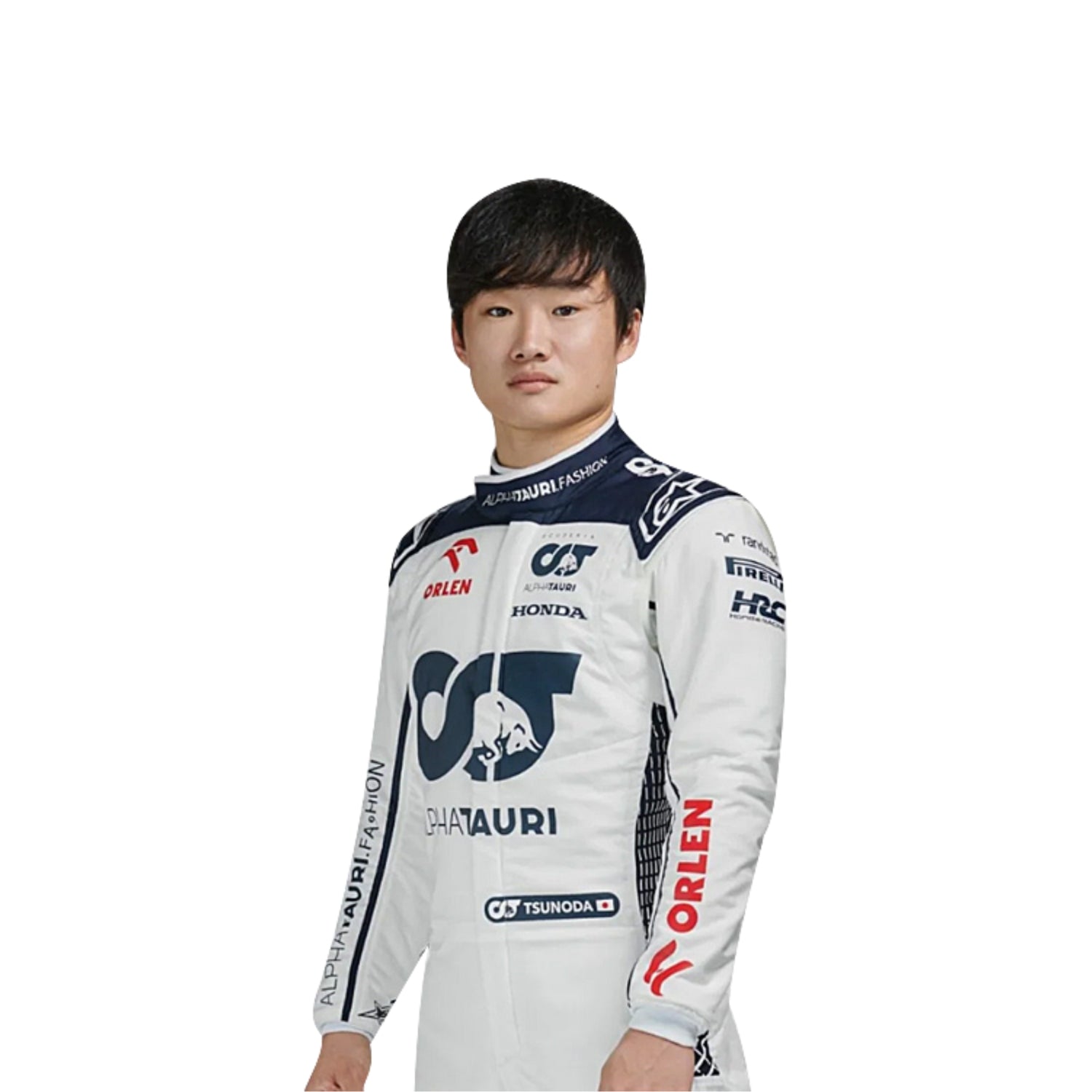 Close-up of Tsunoda’s 2023 F1 racing suit fabric texture and stitched sponsor logos, detailing the high-quality materials and the integration of the white, navy blue, and red color palette.