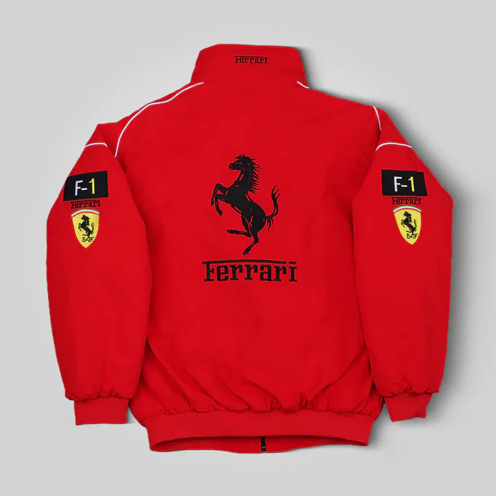 Red Ferrari F1 Racing jacket with various logos on a white background Speedxgear