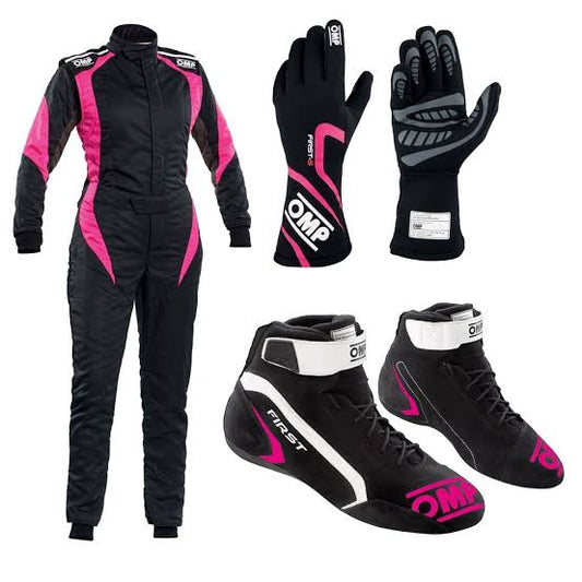 Pink OMP Kart Racing Suit, Racing Gloves & Racing Shoes