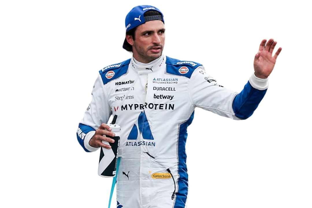 F1 Racing driver carlossainz in a white and blue suit with sponsor logo speedxgear