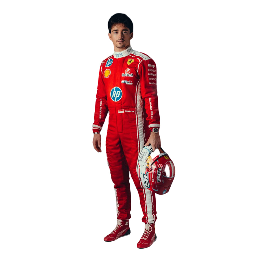 side view Charles Leclerc wearing a red f1 2026 racing suit  with visible branding 
