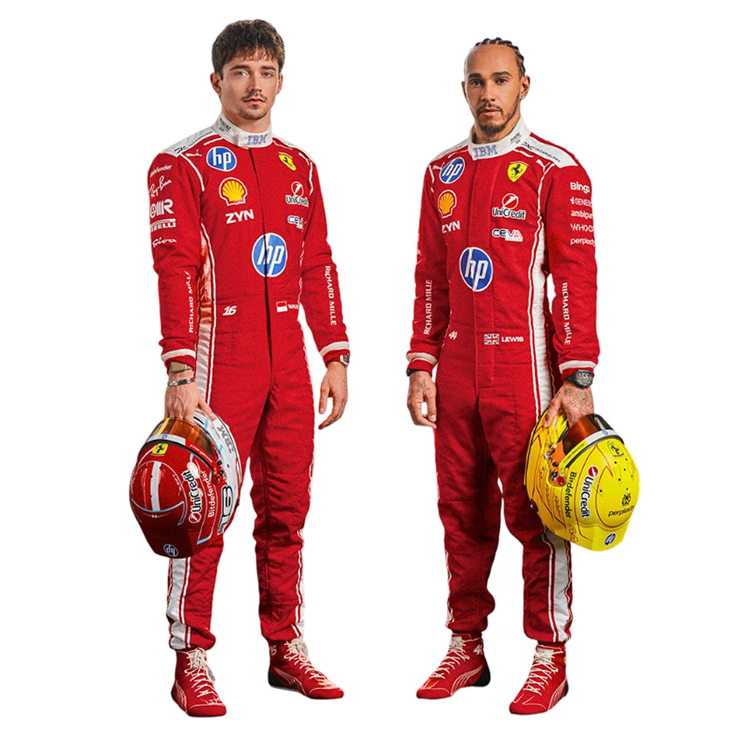 Charlec Leclerc & Lewis Hamilton Two Formula 1 drivers in red Ferrari 2026 f1 racing suits with various sponsor logos, holding helmets.