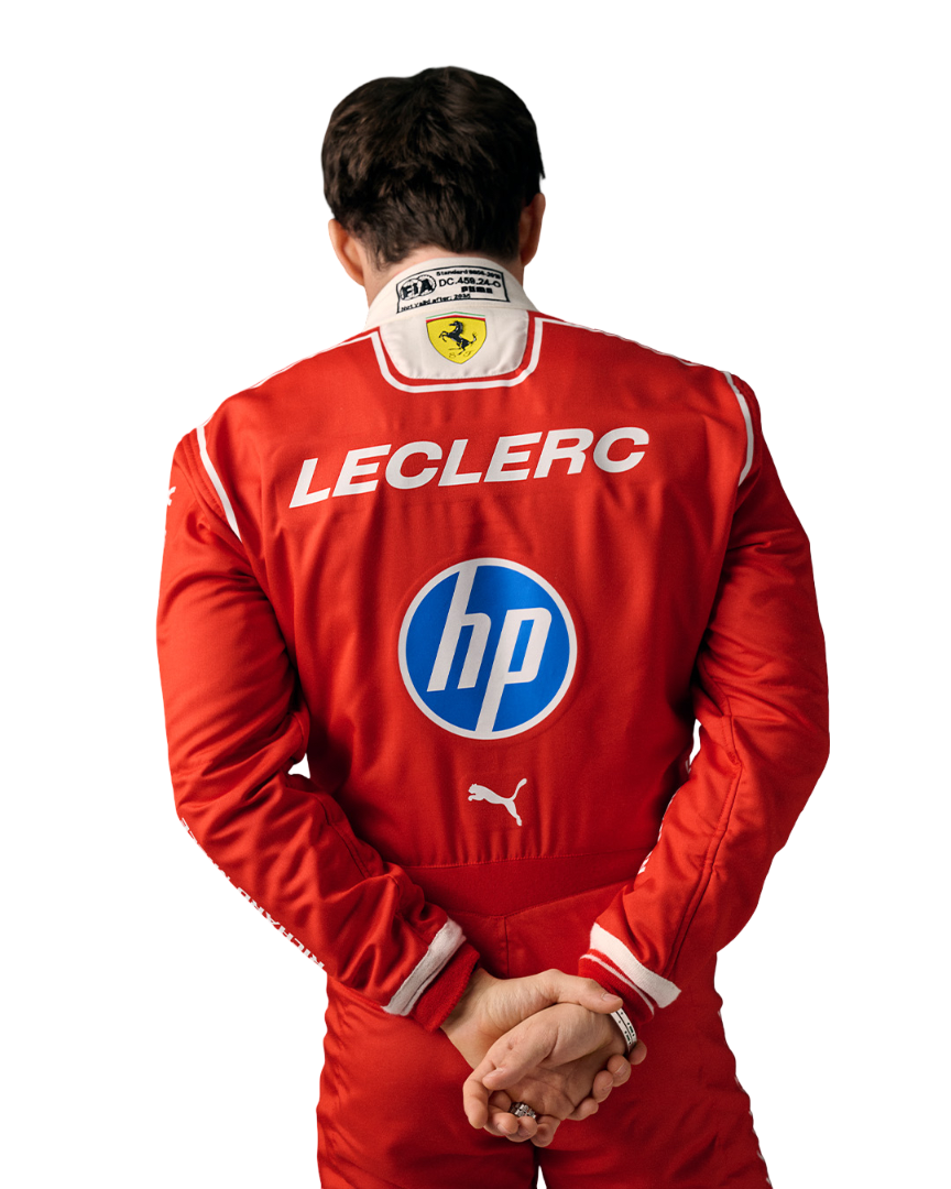 Back View of Charles Leclerc wearing a red racing suit with 'LECLERC' and 'hp' logos on a white background