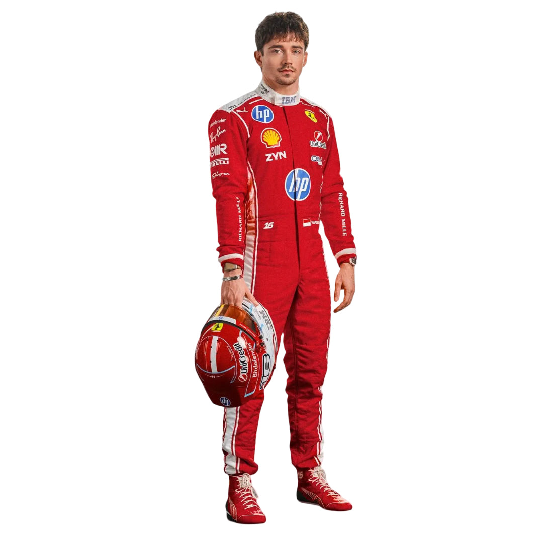 charles Leclerc wearing a red 2026 ferrari f1 racing suit with various sponsor logos on a white background