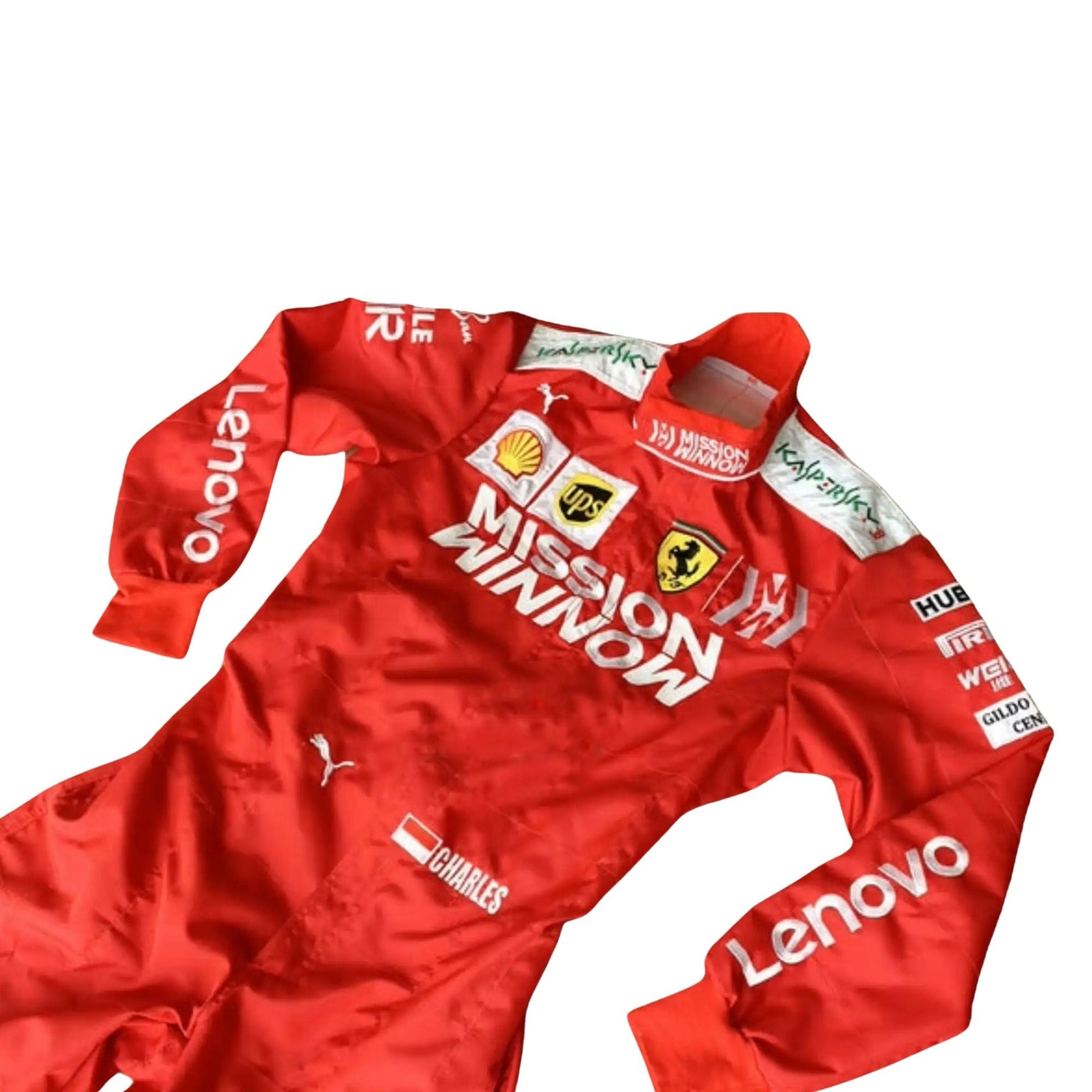Front close up view of Charles Leclerc's 2019 Scuderia Mission Winnow race suit, featuring prominent red design with  logos.


