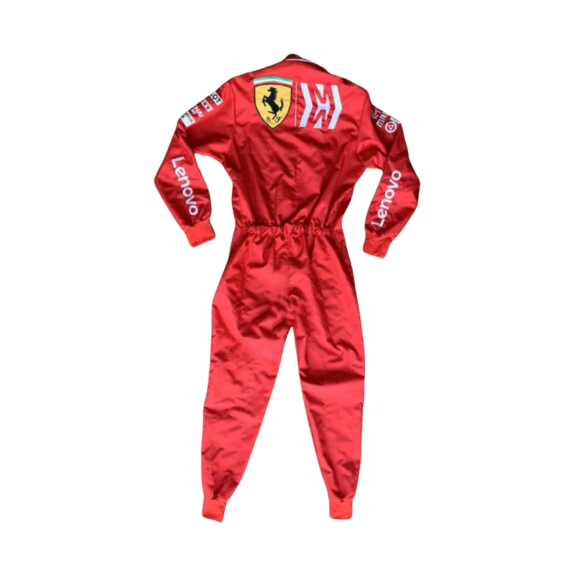 Rear view of the 2019 Ferrari F1 race suit worn by Charles Leclerc, showcasing the large shield and 'Mission Winnow' branding.

