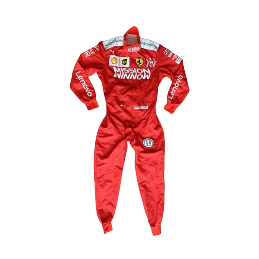 Front view of Charles Leclerc's 2019 Scuderia Mission Winnow race suit, featuring prominent red design with logos.