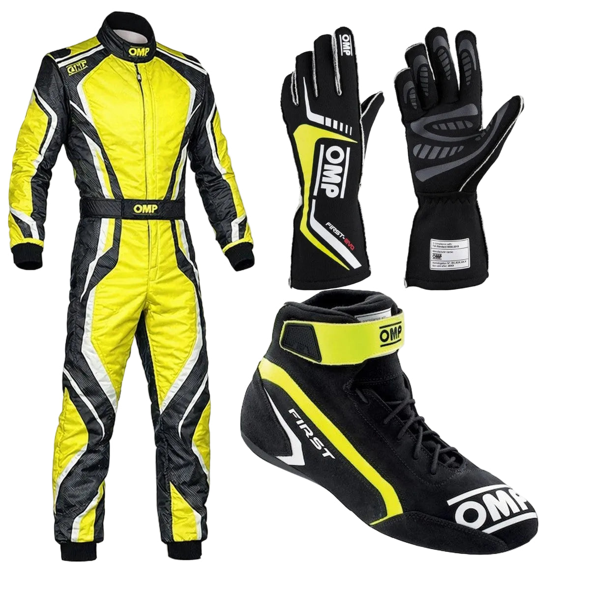 Yellow OMP Kart Racing Suit, Racing Gloves & Racing Shoes