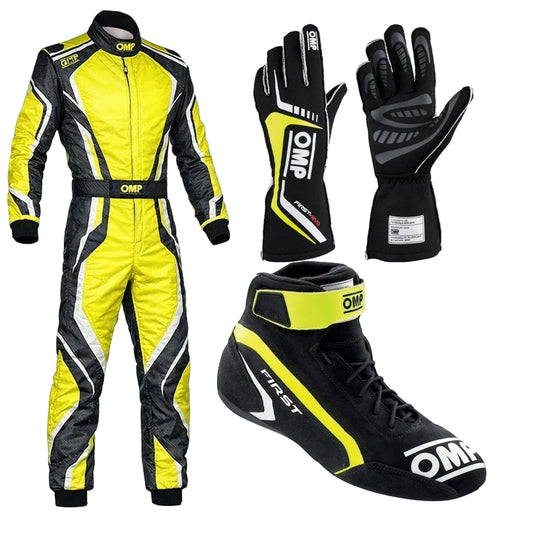 Yellow OMP Kart Racing Suit, Racing Gloves & Racing Shoes