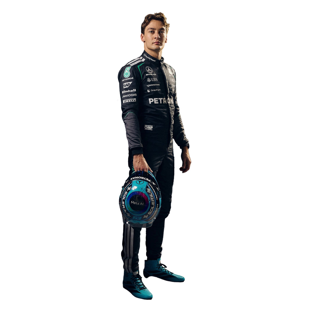 side view of George russell 2026 mercedes f1 racing suit with Petronas branding.
