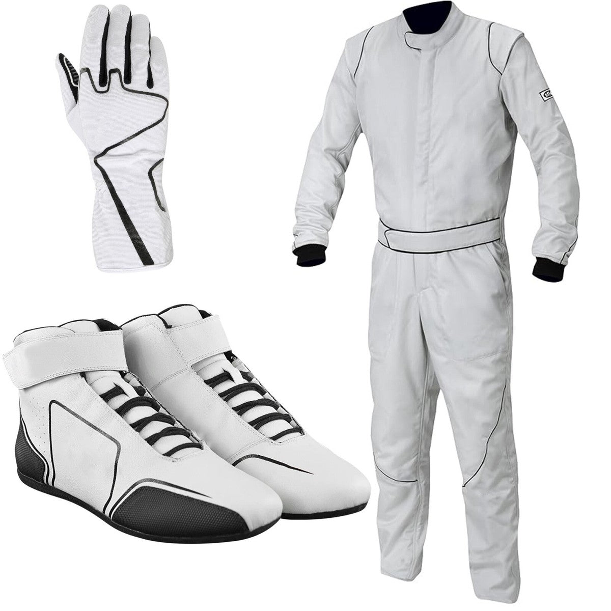 White Kart Racing Suit, Racing Gloves & Racing Shoes