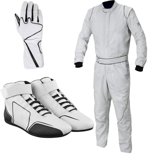 White Kart Racing Suit, Racing Gloves & Racing Shoes