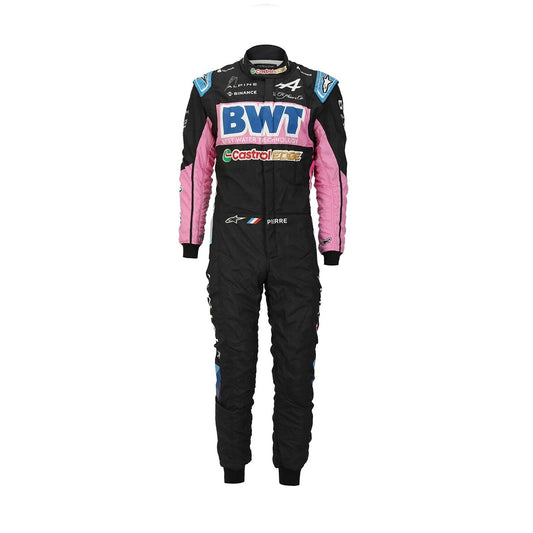 Pierre Gasly’s 2023 F1 racing suit for the Mexico GP, featuring a striking design with a mix of dark blue and vibrant sponsor logos. The suit is built for speed and comfort, showcasing Gasly’s racing excellence.