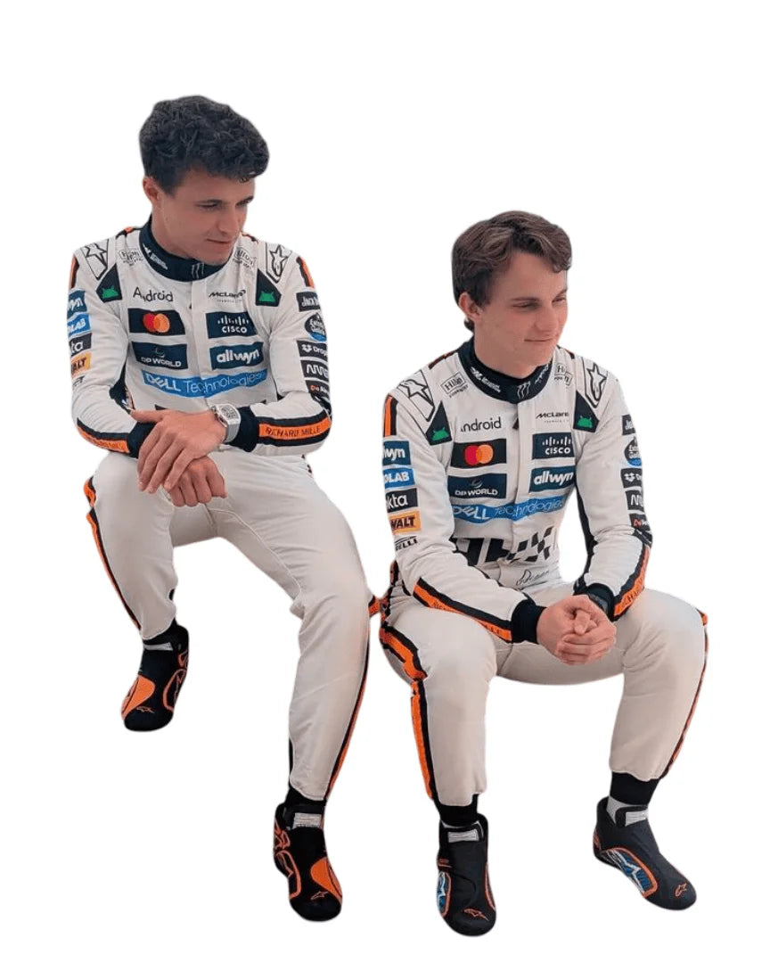 Front sitting view of the 2025 Monaco GP white race suit worn by Oscar Piastri and Lando Norris featuring classic black number in circle on a retro-inspired all-white base.