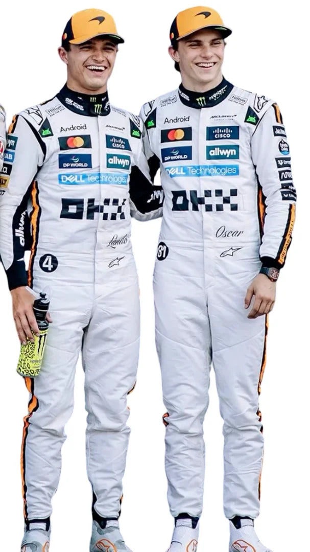 Front view of  Lando Norris and Oscar Piastri 2025 Monaco GP F1 racing suit, designed with a bold red and gold theme, featuring aerodynamic seams, Monaco flag patch, and sponsor placements.