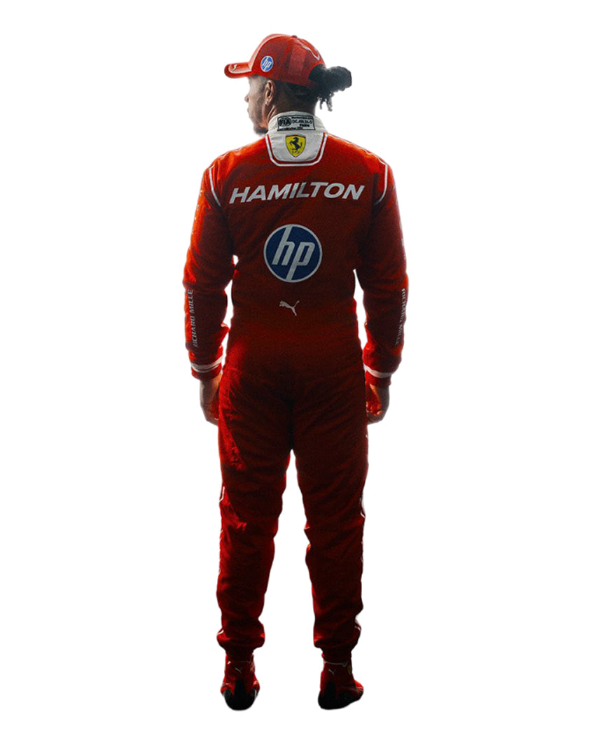 Back view of red 2026 lewis hamilton f1 racing suit with visible logos ferrari and hp branding