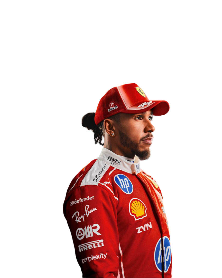 Side view of red 2026 lewis hamilton f1 racing suit with visible logos ferrari and hp branding