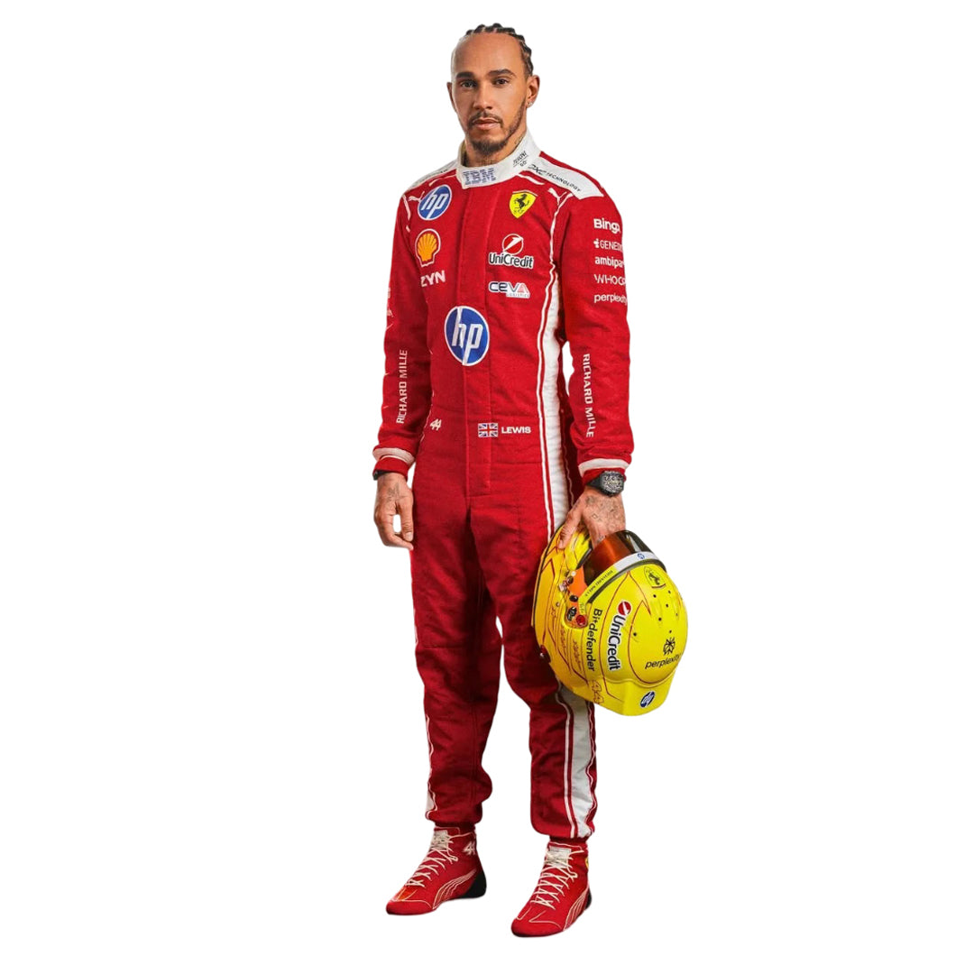 Front view of red 2026 lewis hamilton f1 racing suit with visible logos ferrari and hp branding