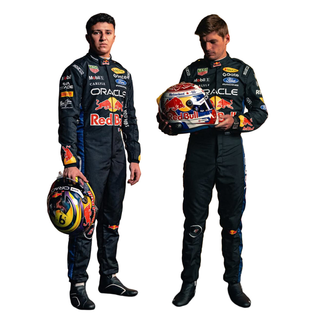 Front view of 2026 F1 racing costume worn by Max Verstappen and Isack Hadjar featuring aggressive contour lines, dynamic stretch zones, and precision sponsor placement in navy and crimson tones in speedxgear