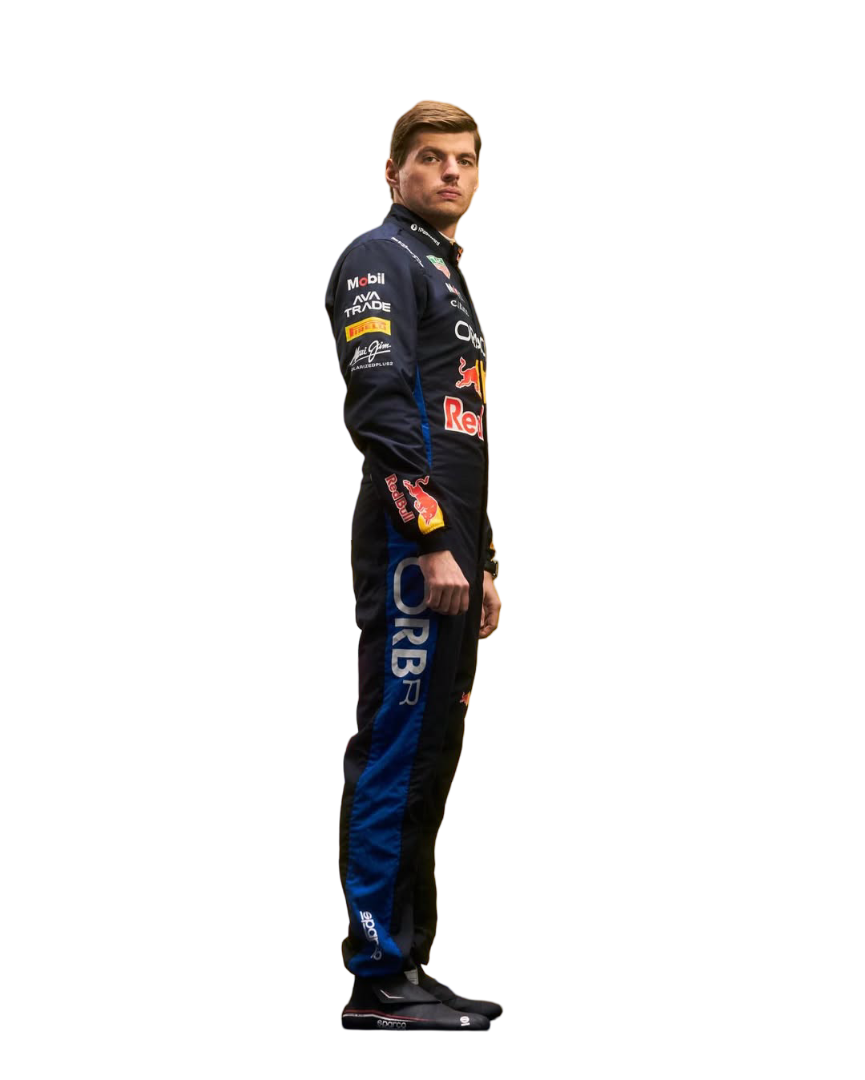 max versttapen side view of wearing a 2026 f1 racing suit redbull with visible branding on a white background - Speedxgear