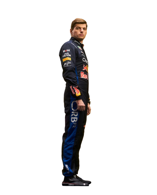 max versttapen side view of wearing a 2026 f1 racing suit redbull with visible branding on a white background - Speedxgear