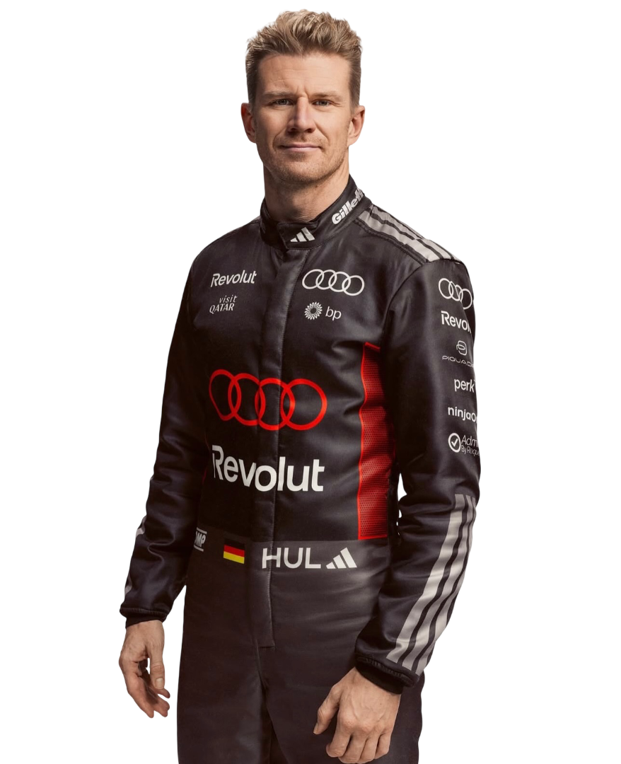 Side view of nico hulkenburg wearing a black and red 2026 f1 racing suit with Audi logo on a white background speedxgear