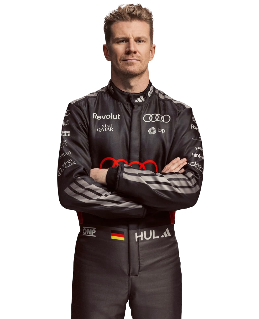Close view of nico hulkenburg wearing a black and red 2026 f1 racing suit with Audi logo on a white background speedxgear
