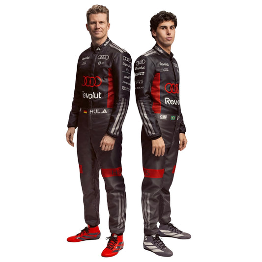 Gabriel Bortoleto and Nico Hülkenberg standing side by side in their 2026 f1 racing suits, showcasing the team's coordinated design. speedxgear