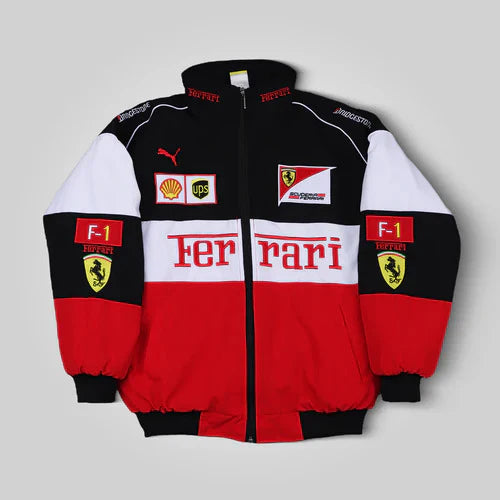Ferrari F1 Racing jacket in Multi color with various logos on a white background Speedxgear
