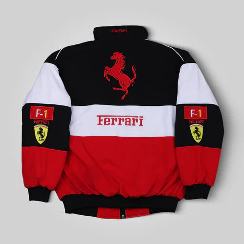 Ferrari F1 Racing jacket in Multi color with various logos on a white background Speedxgear
